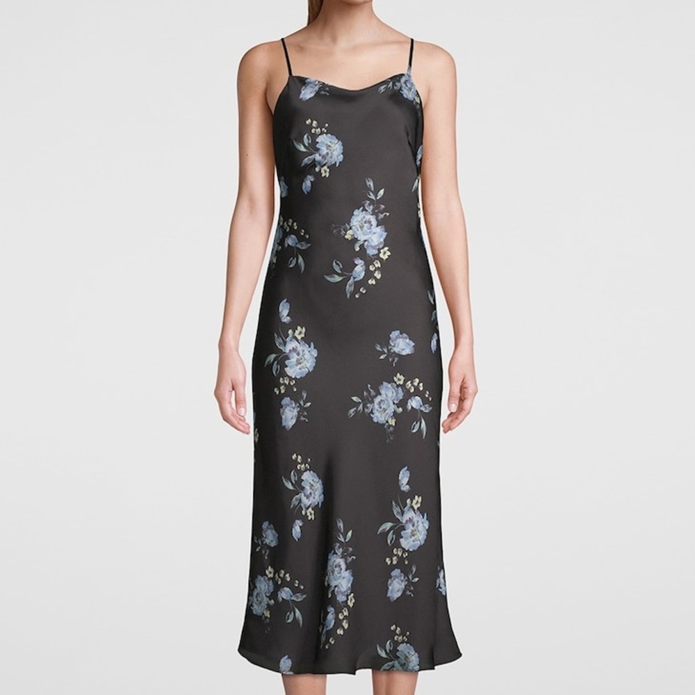 WHBM Romantic Grunge Floral Satin Midi Cowl Neck Midi Slip Dress Size XSP Black